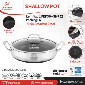 ماهیتابه دو دسته کف لیزری لایف اسمایل مدل32 LIFEP30SHR سایز 32 استیل